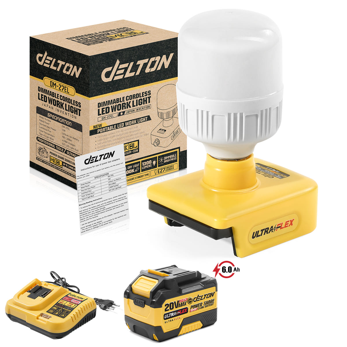 ไฟส่องสว่างไร้สาย (พร้อมแบตเตอรี่) DELTON รุ่น DM-27EL ULTRAFLEX 20V 6AH_1